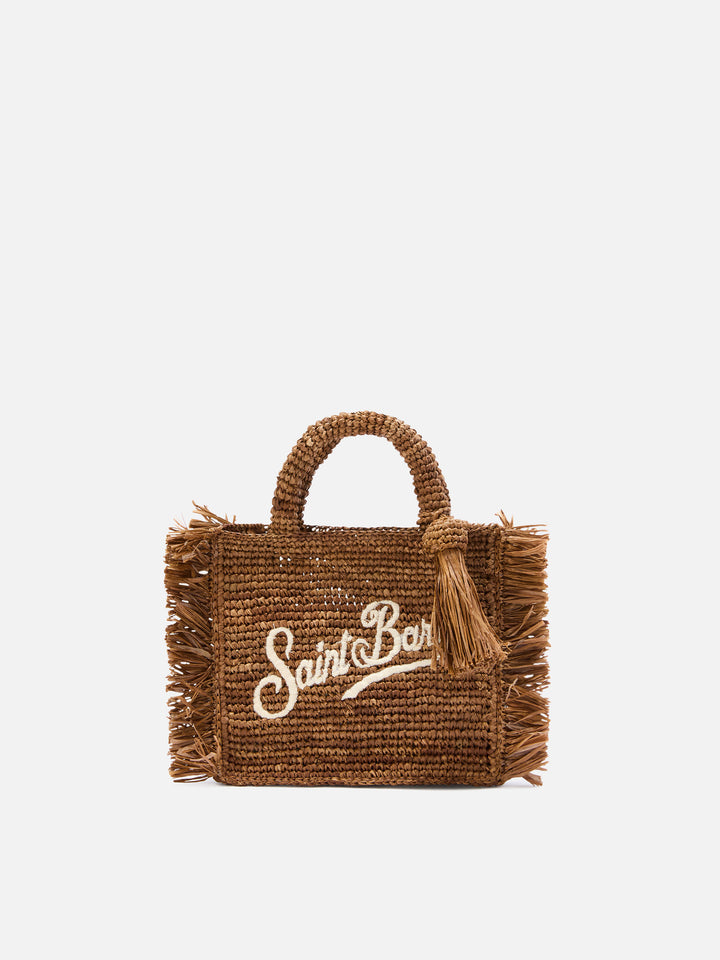 Braune Vanity Mini-Tasche aus Raffia mit seitlichen Fransen 