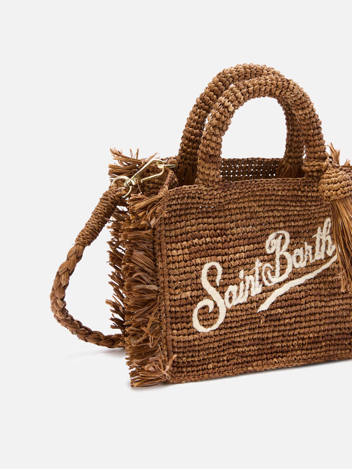 Brown Vanity mini raffia bag with side fringes
