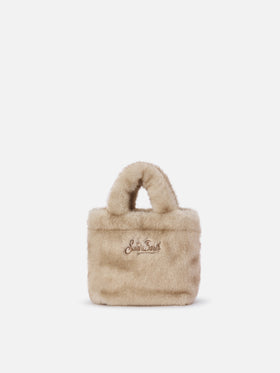 Borsa Mini Vanity Soft beige in effetto pelliccia con ricamo logo