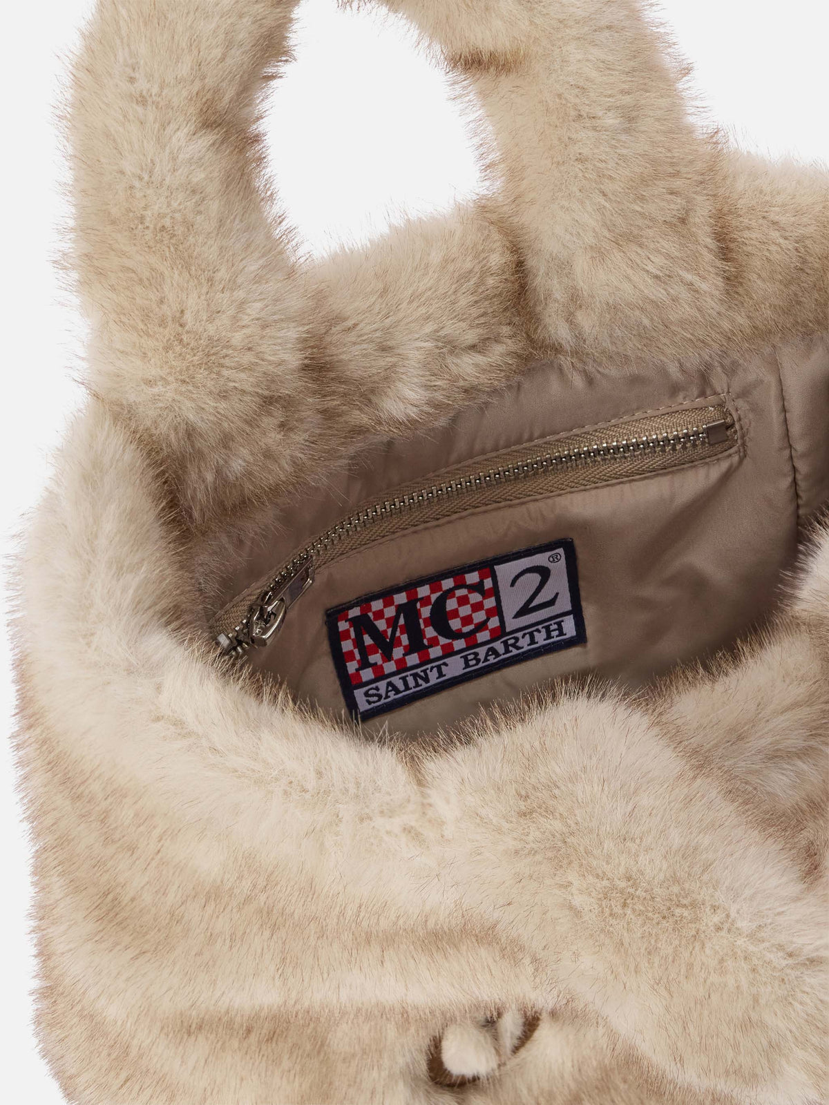 Borsa Mini Vanity Soft beige in effetto pelliccia con ricamo logo