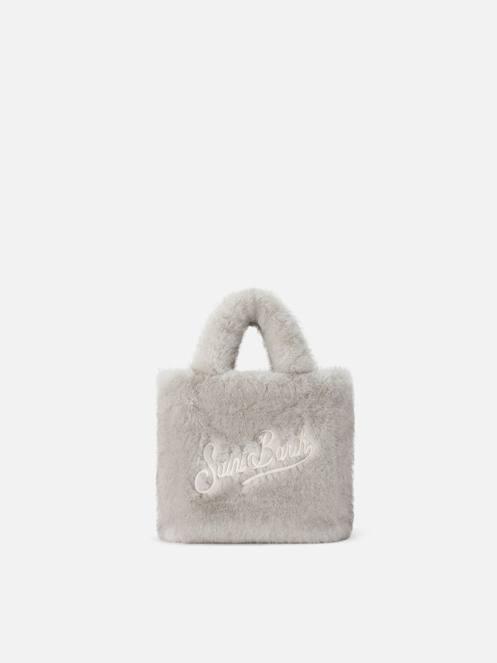 Borsa Mini Vanity Soft grigia in effetto pelliccia con ricamo logo
