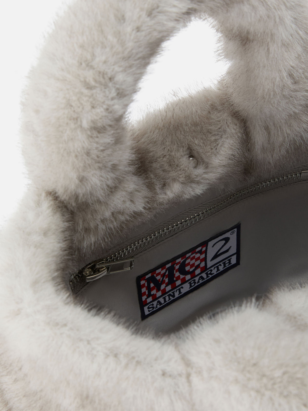 Mini bolso Vanity Soft gris en pelo sintético con bordado del logo 