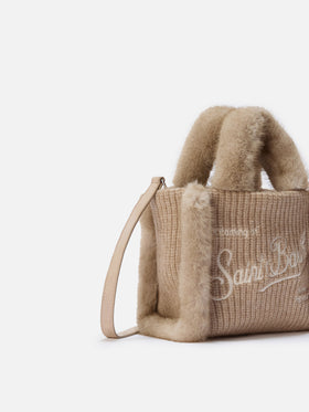 Vanity Mini Shearling Rib Handtasche aus beigefarbenem, geripptem Wollmischgewebe mit Shearling-Besatz
