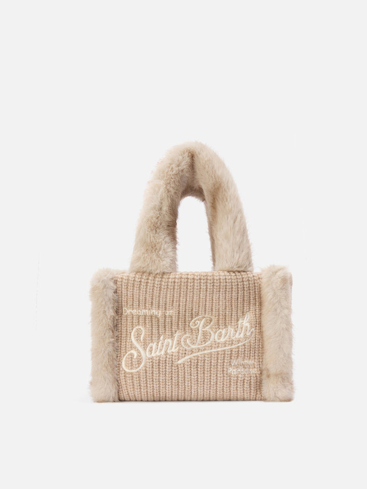 Beige Mini-Vanity-Bag aus geripptem Faux-Shearling mit Griffen aus Faux Fur 