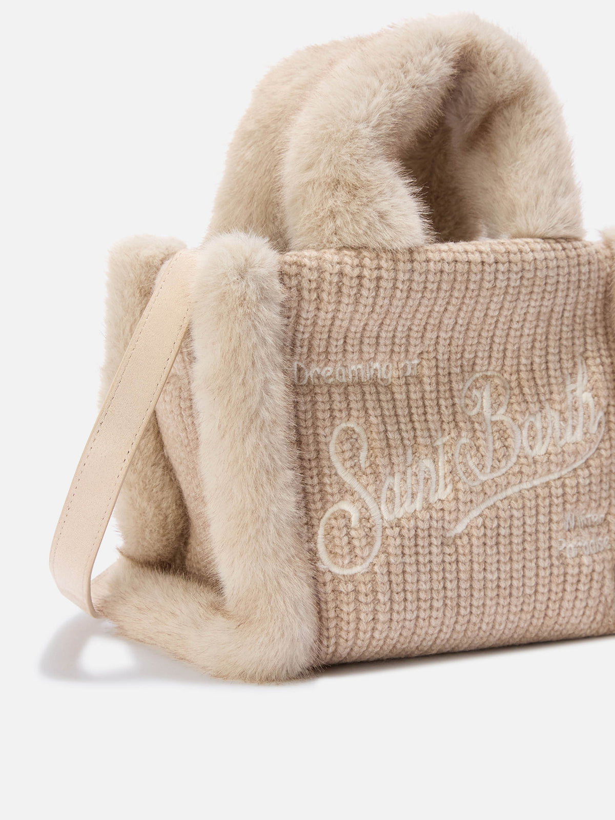 Mini sac Vanity beige en fausse peau lainée côtelée avec poignées en fausse fourrure 