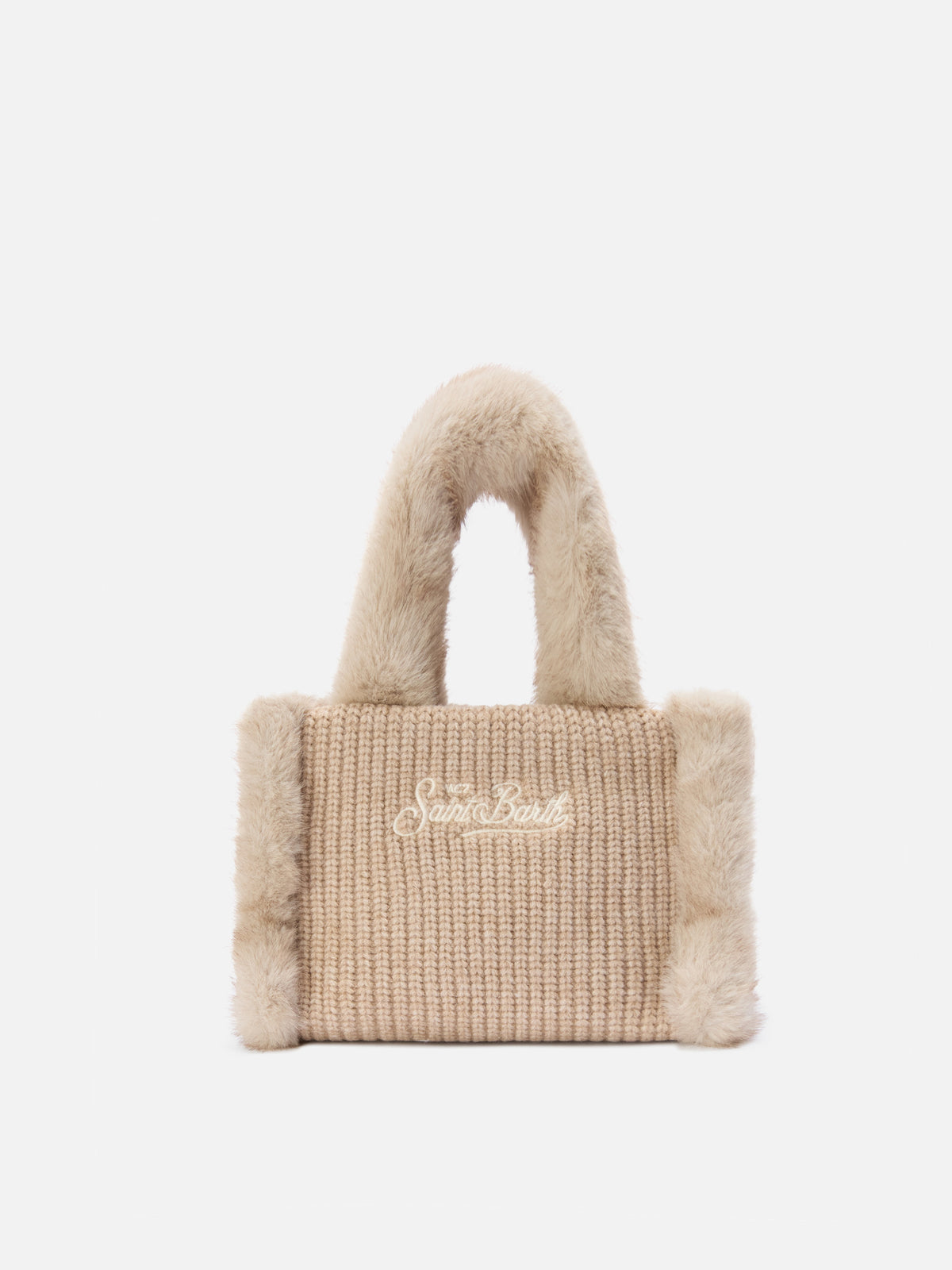 Mini sac Vanity beige en fausse peau lainée côtelée avec poignées en fausse fourrure 
