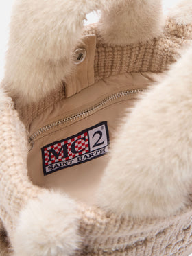 Mini sac Vanity beige en fausse peau lainée côtelée avec poignées en fausse fourrure 