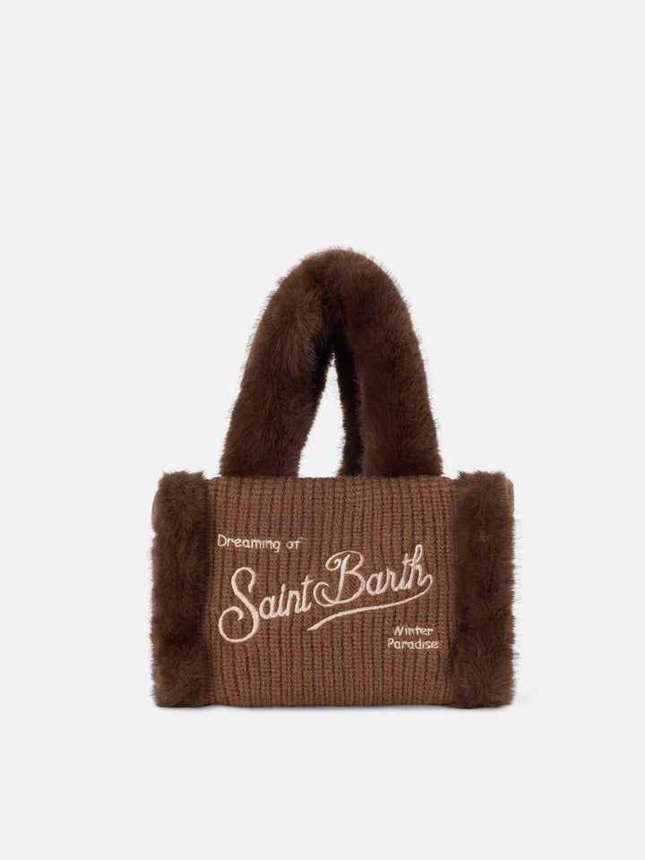 Braune Mini Vanity Bag aus geripptem Faux-Shearling mit Henkeln aus Kunstpelz 