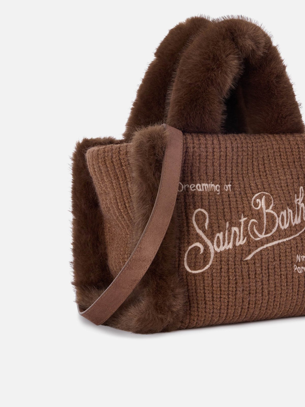 Mini sac Vanity marron en fausse peau lainée côtelée avec poignées en fausse fourrure 