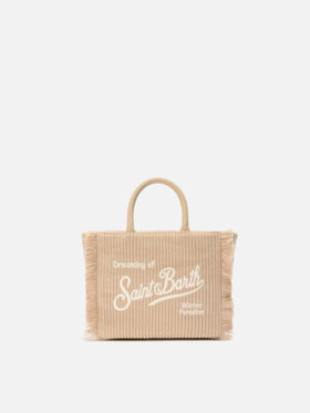 Vanity Mini Cord-Handtasche aus beigem Cord-Samt und Wildlederimitat