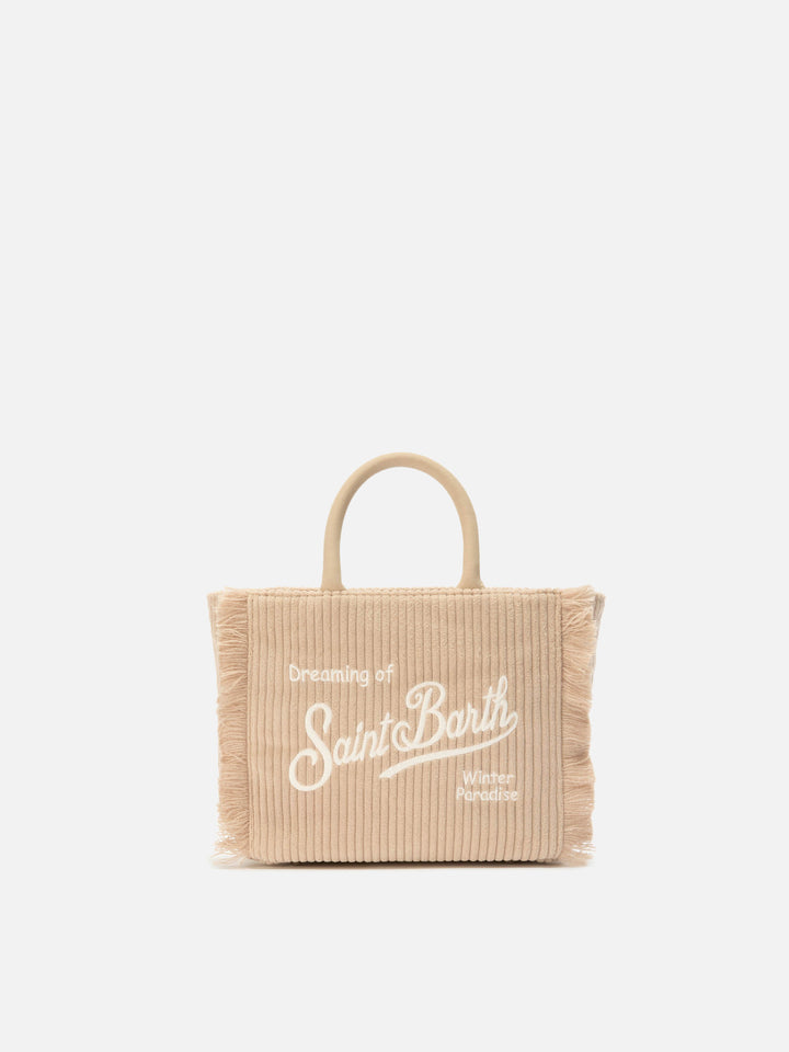 Vanity Mini Cord-Handtasche aus beigem Cord-Samt und Wildlederimitat