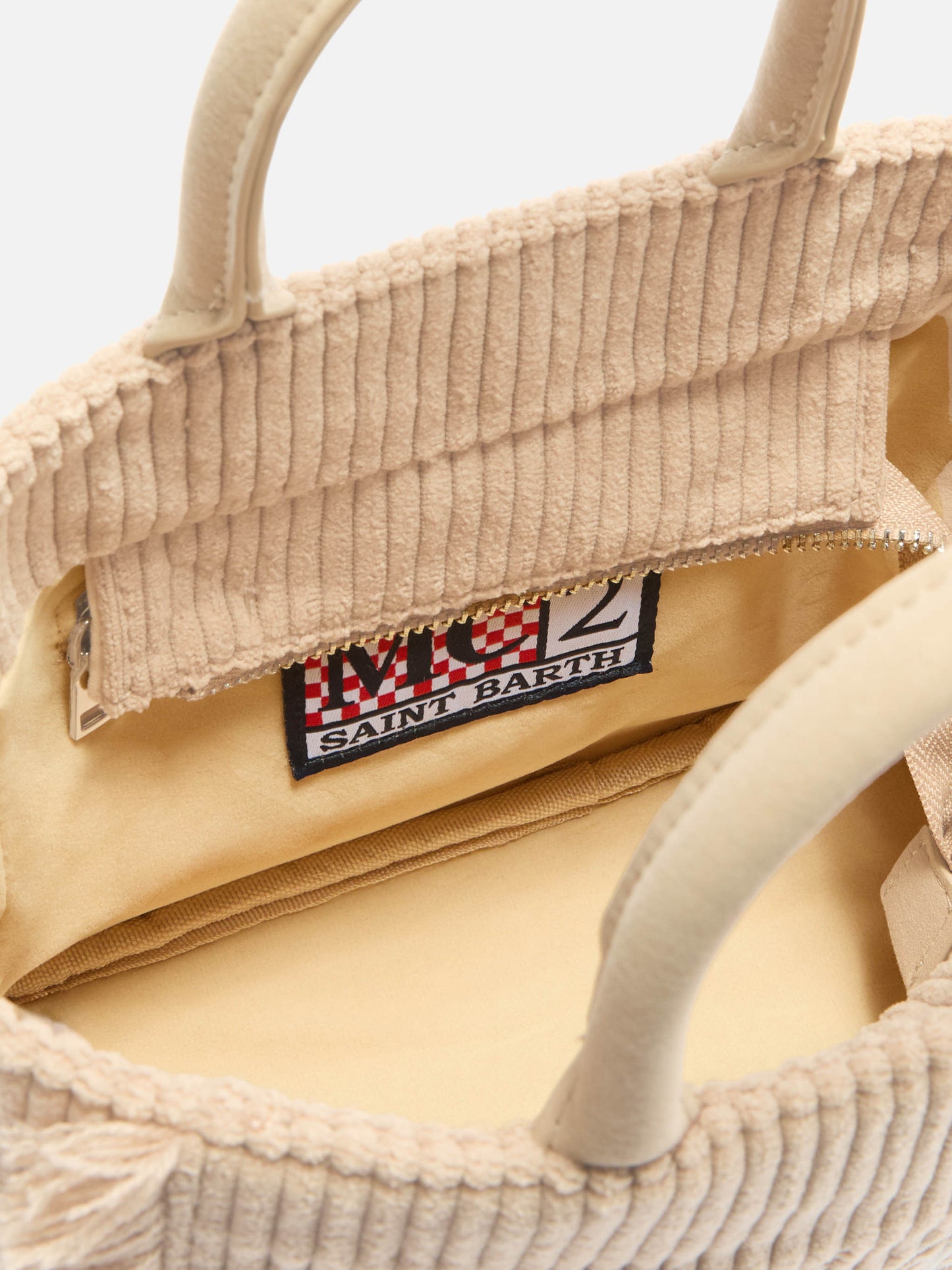 Vanity Mini Cord-Handtasche aus beigem Cord-Samt und Wildlederimitat