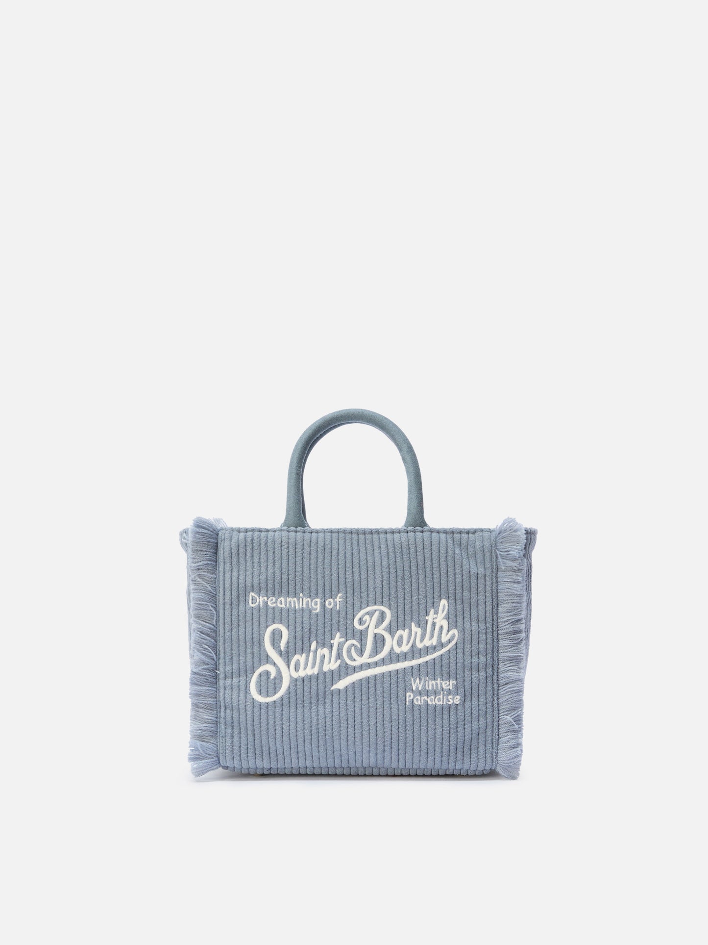 Vanity Mini Cord-Handtasche aus puderblauem Cord-Samt und Wildlederimitat