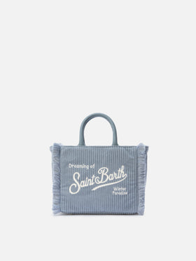 Vanity Mini Cord-Handtasche aus puderblauem Cord-Samt und Wildlederimitat