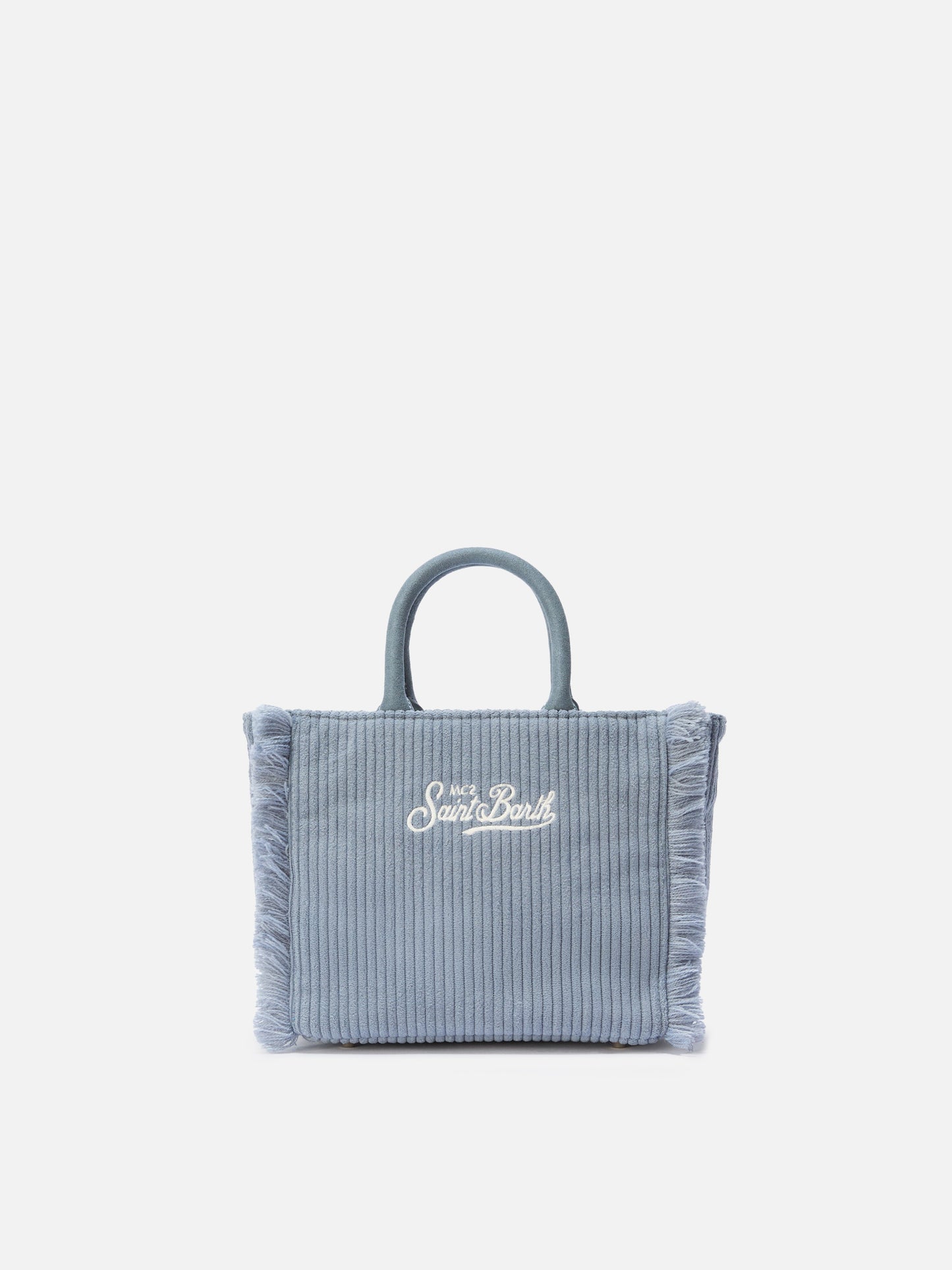 Vanity Mini Cord-Handtasche aus puderblauem Cord-Samt und Wildlederimitat