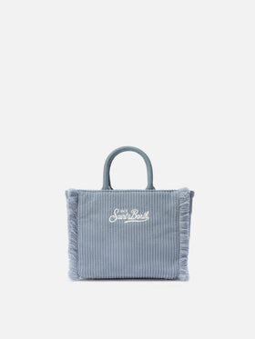 Vanity Mini Cord-Handtasche aus puderblauem Cord-Samt und Wildlederimitat