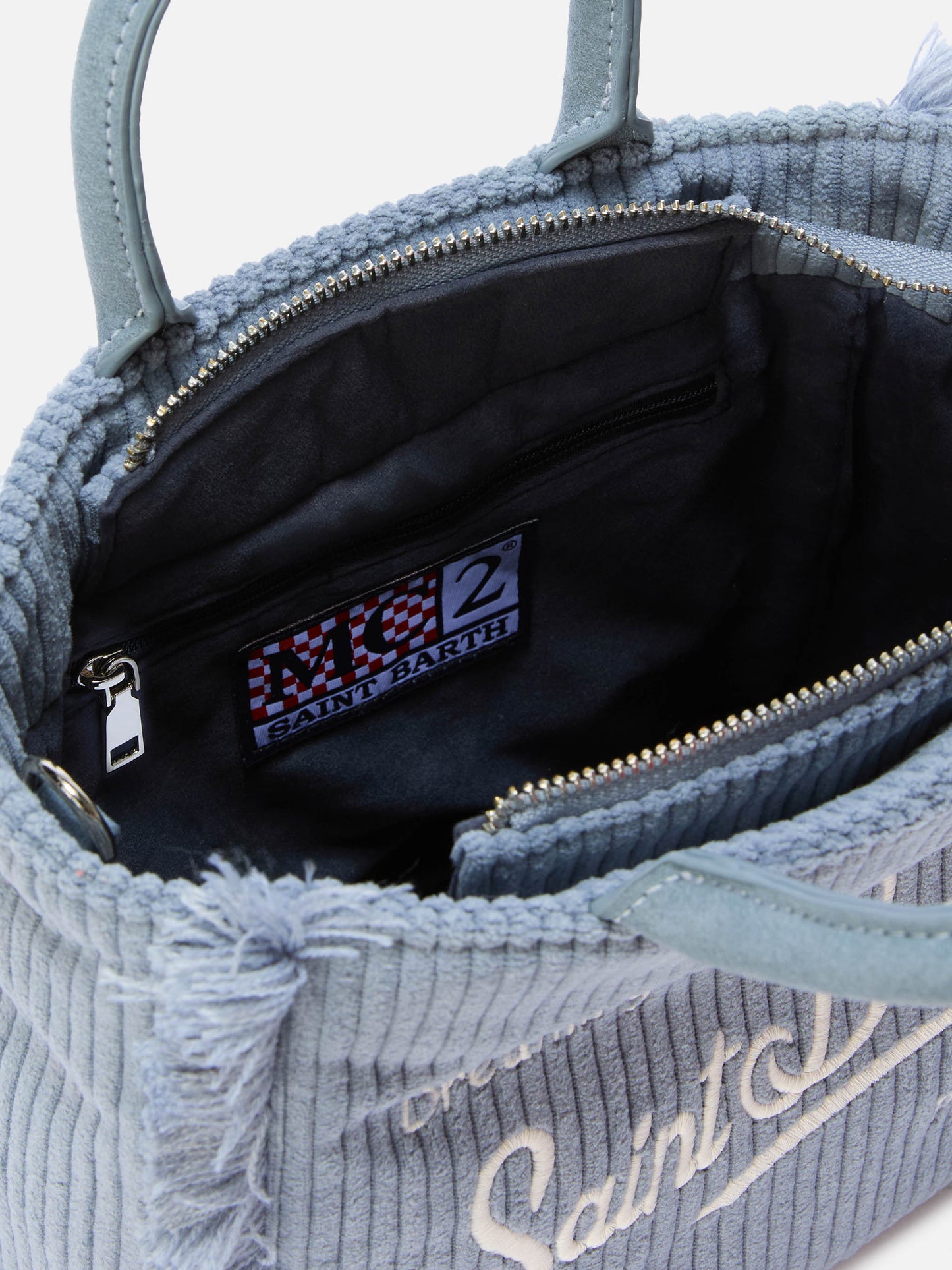 Vanity Mini Cord-Handtasche aus puderblauem Cord-Samt und Wildlederimitat