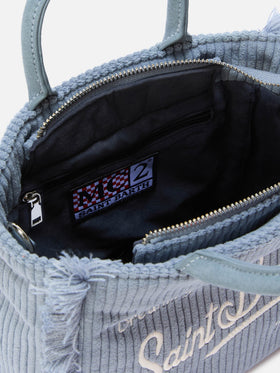Vanity Mini Cord-Handtasche aus puderblauem Cord-Samt und Wildlederimitat