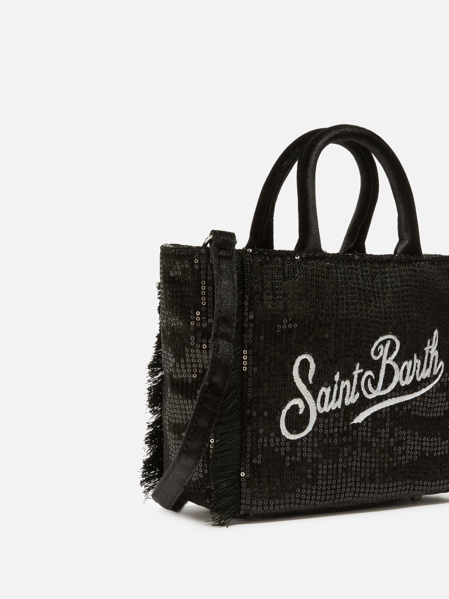 Vanity Mini-Samthandtasche aus schwarzem Samt mit Pailletten