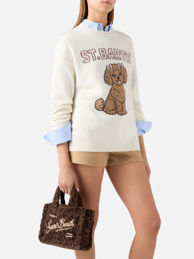 Borsa Mini Vanity marrone in tessuto teddy con stampa leopardata