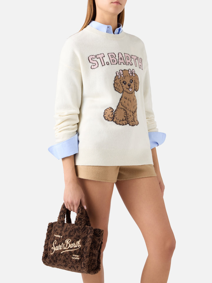 Bolso Mini Vanity marrón en tejido teddy con estampado de leopardo 