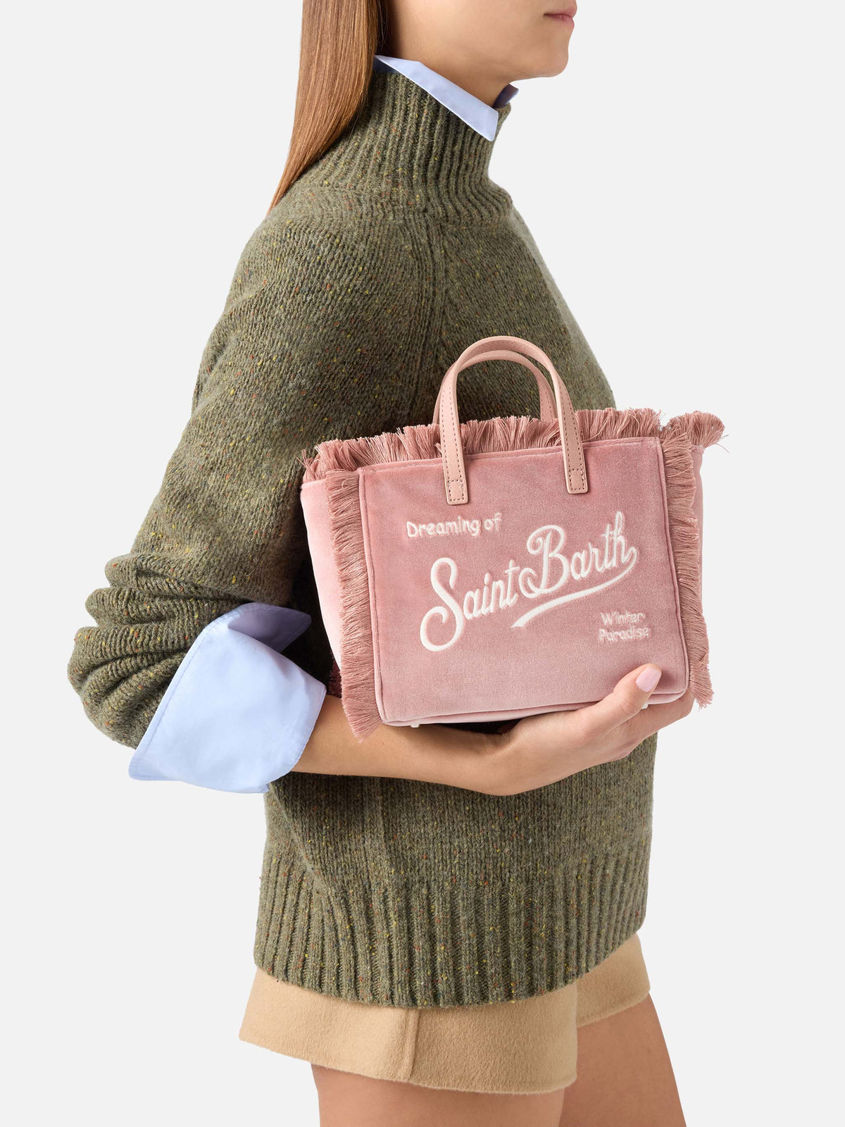 Mini Vanity bag rosa en terciopelo con bordado del logo 