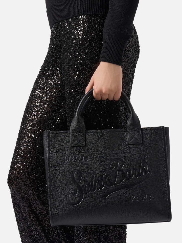 Vanity Bag Große Schultertasche aus schwarzem gehämmertem Leder