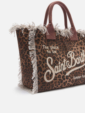 Neceser Vanity regular de lona con estampado de leopardo y flecos 