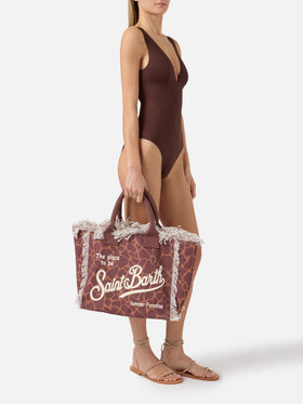Bolso Vanity Regular de lona con estampado animal marrón 