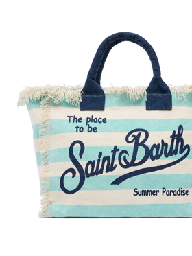 Cotton canvas Vanity tote bag with water green striped print - MC2 Saint Barth