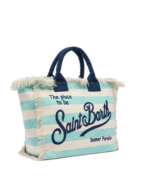 Cotton canvas Vanity tote bag with water green striped print - MC2 Saint Barth