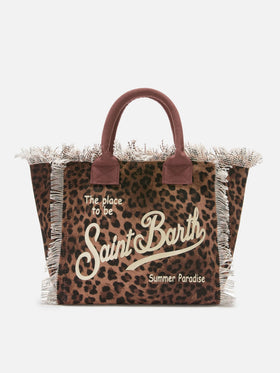 Neceser Vanity regular de lona con estampado de leopardo y flecos 