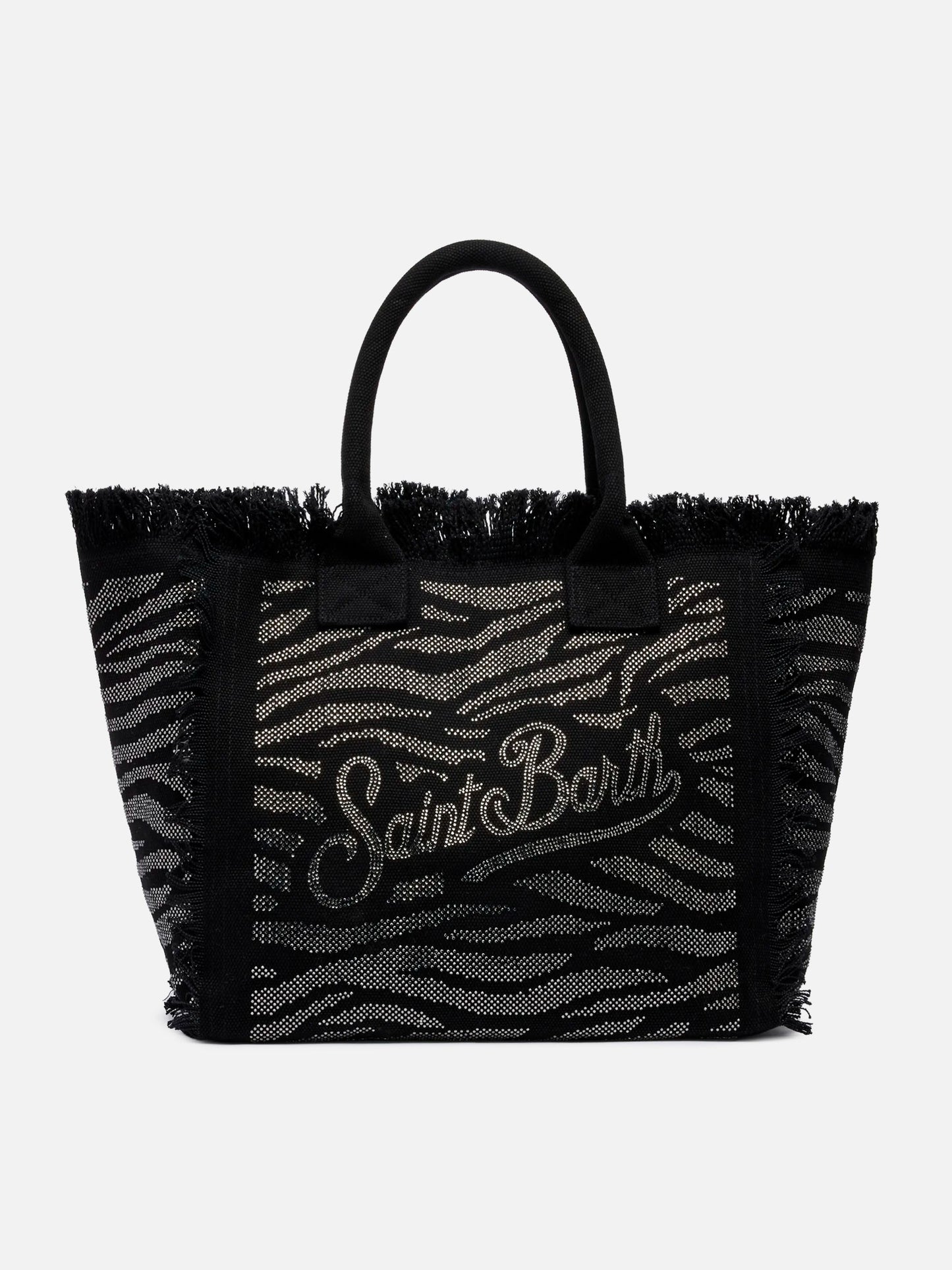 Schwarze Vanity Tote Bag aus Baumwoll-Canvas mit Zebra-Strassverzierung 
