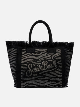 Schwarze Vanity Tote Bag aus Baumwoll-Canvas mit Zebra-Strassverzierung 