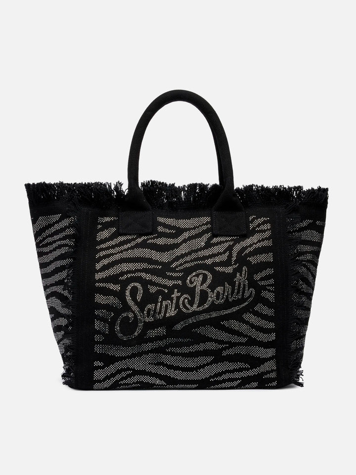 Schwarze Vanity Tote Bag aus Baumwoll-Canvas mit Zebra-Strassverzierung 