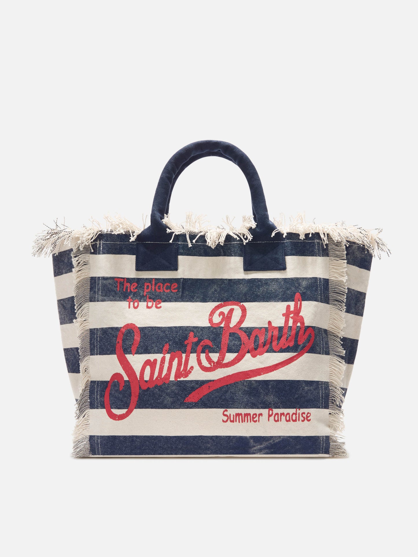Bolso Vanity regular de lona azul con rayas horizontales 