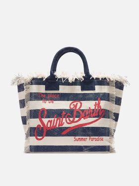 Bolso Vanity regular de lona azul con rayas horizontales 
