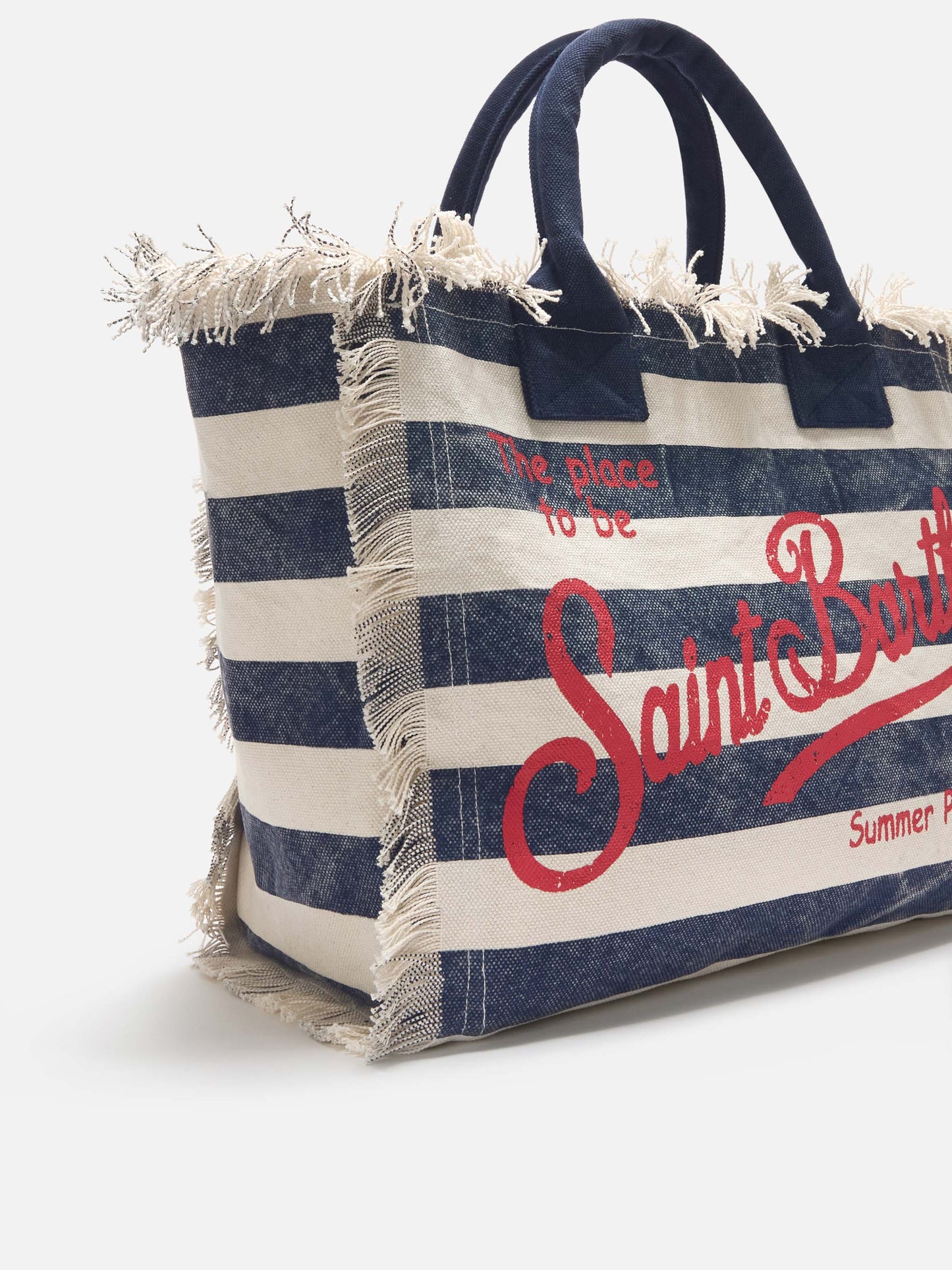 Bolso Vanity regular de lona azul con rayas horizontales 