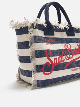 Bolso Vanity regular de lona azul con rayas horizontales 