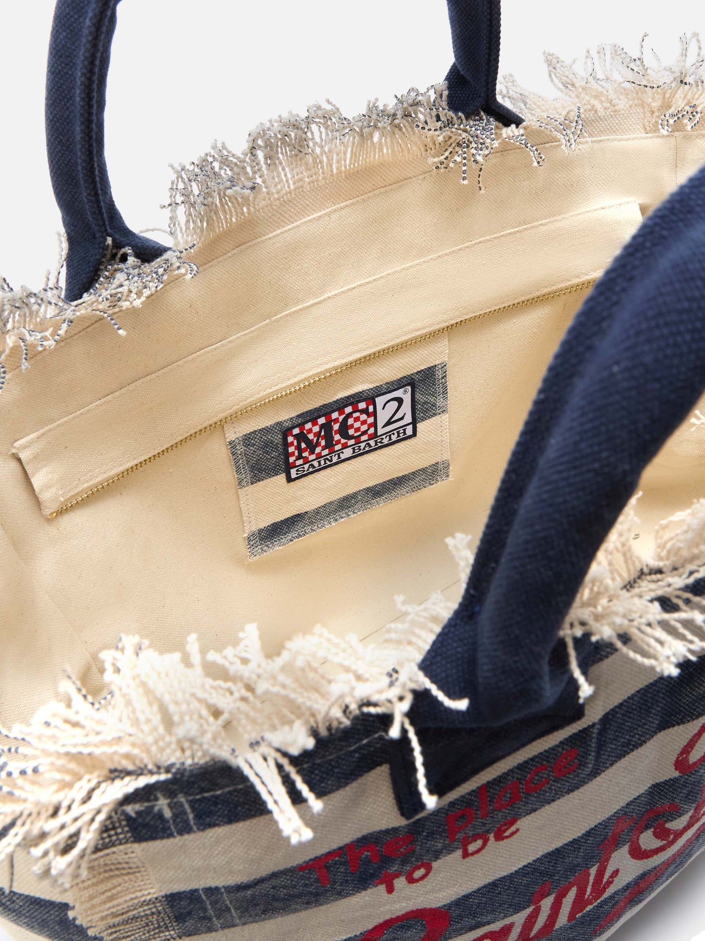 Bolso Vanity regular de lona azul con rayas horizontales 