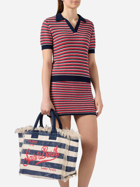 Bolso Vanity regular de lona azul con rayas horizontales 