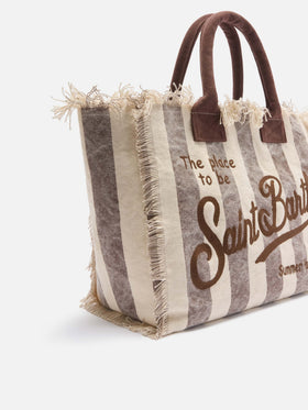 Borsa Vanity regular in canvas a righe verticali marrone