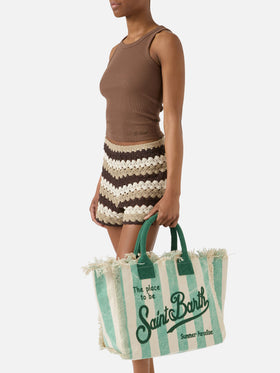 Borsa Vanity regular in canvas a righe verticali verde chiaro