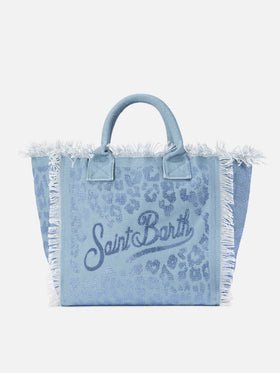 Blaue Regular Vanity Canvas-Tasche im Leopardenprint mit Strasssteinen 