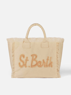 Beigefarbene Vanity-Tragetasche aus Baumwoll-Canvas mit St. Barth-Logoaufnäher