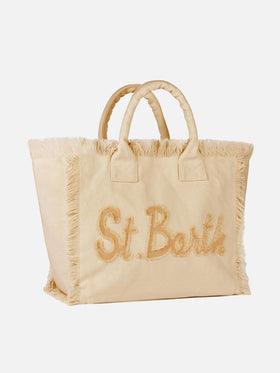 Beigefarbene Vanity-Tragetasche aus Baumwoll-Canvas mit St. Barth-Logoaufnäher