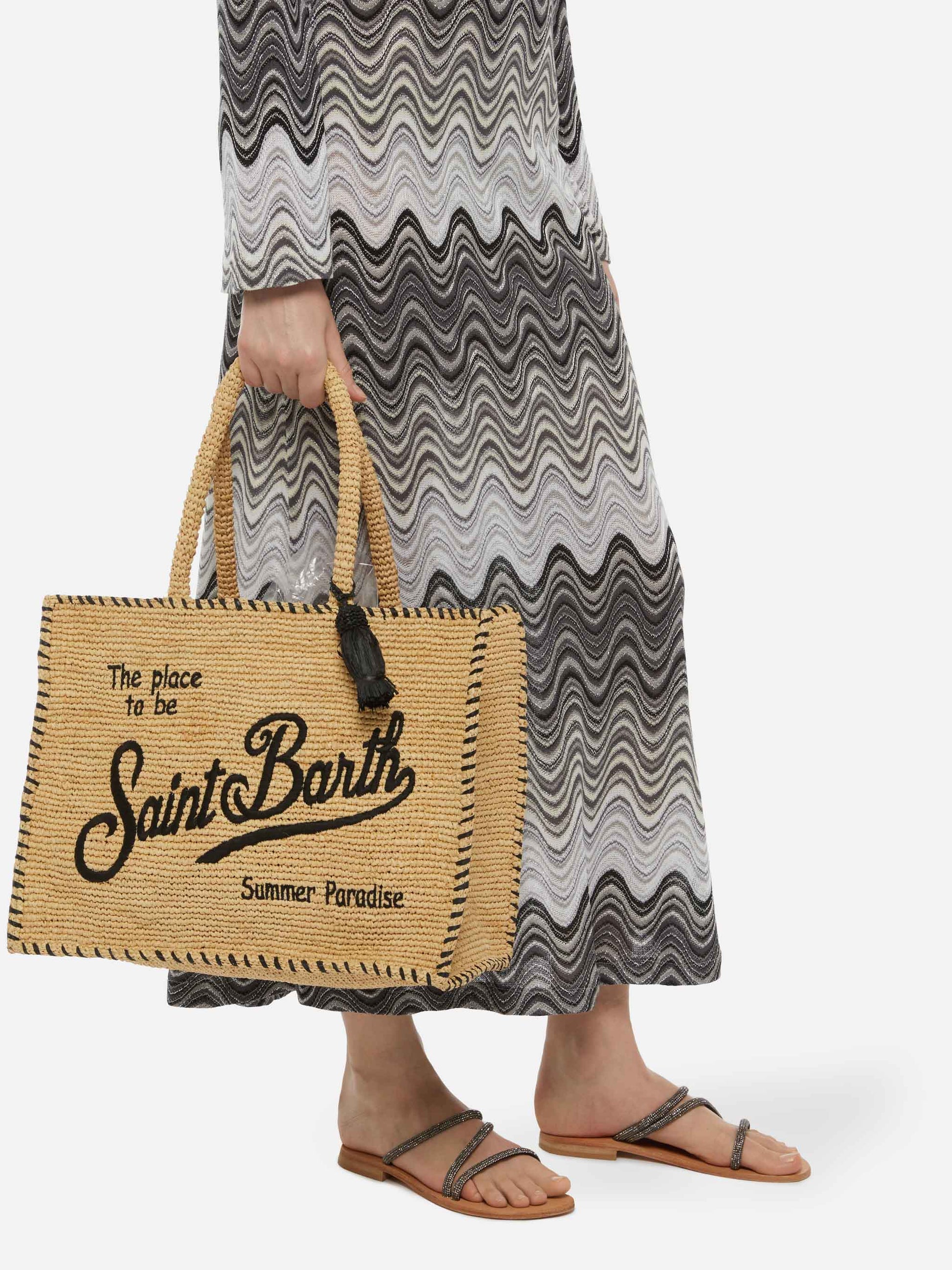Natural beige Vanity Raffia shoulder bag with black trim - MC2 Saint Barth