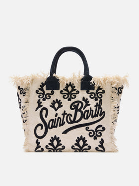 Bolso Vanity regular de lona con bordado tufting de lirio azul 