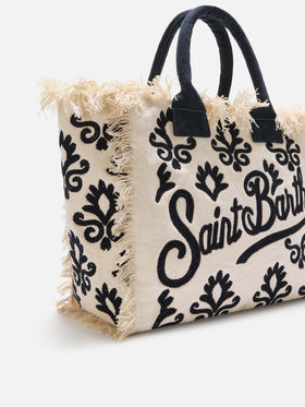 Bolso Vanity regular de lona con bordado tufting de lirio azul 