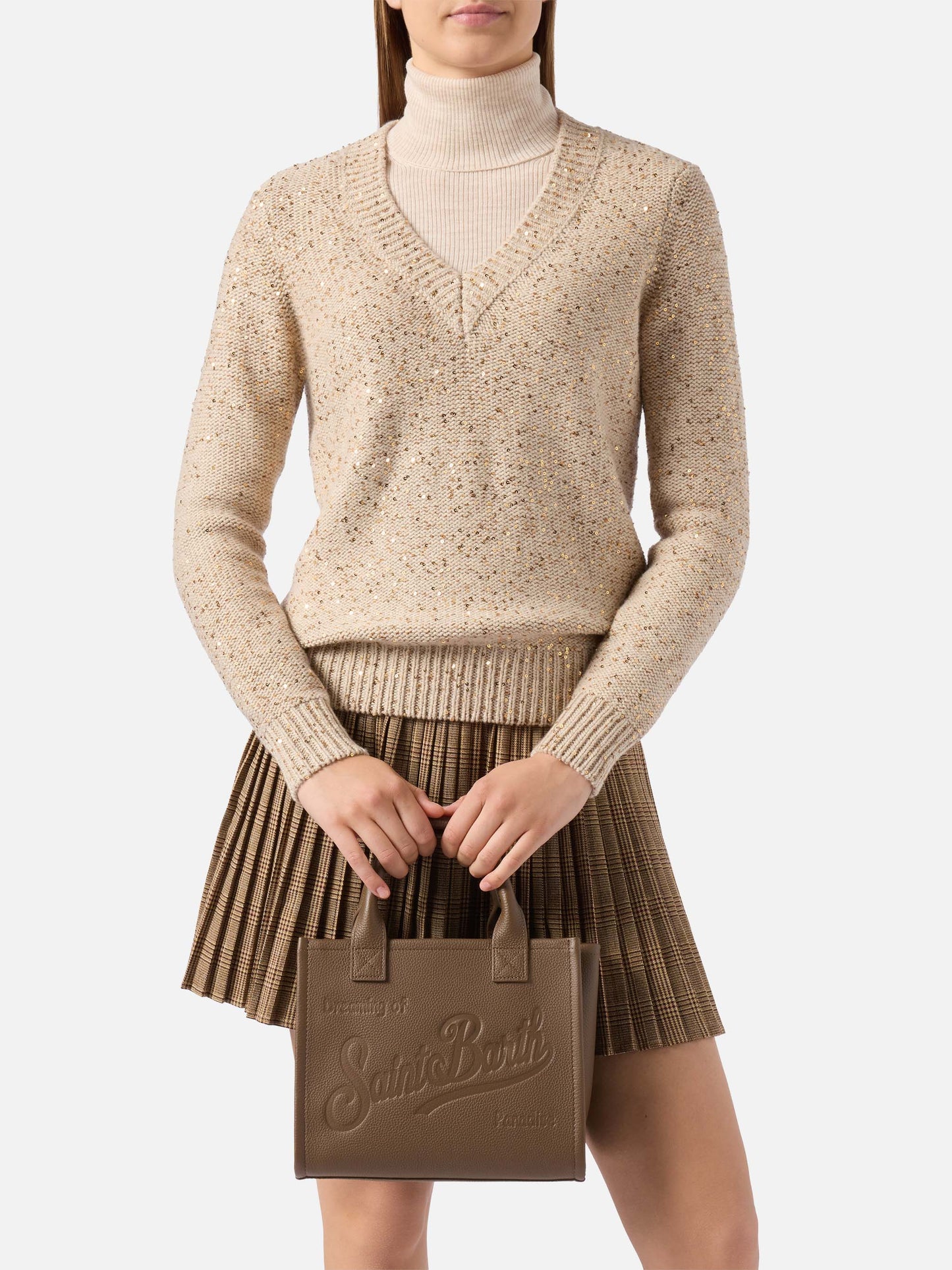 Vanity Bag Midi Shoulder Bag en piel martillada marrón 